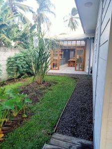 a garden outside a house with a palm tree at Mataiarii lodge in Papara