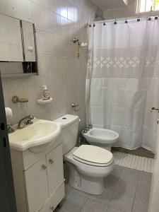 biała łazienka z toaletą i umywalką w obiekcie Departamento en Sta Lucia w mieście Santa Lucía