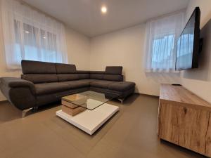 uma sala de estar com um sofá e uma mesa de centro em Apartment river Nadiža Podbela em Podbela