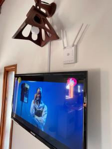 uma televisão de ecrã plano com uma pessoa a falar ao telefone em Paihuen Luxury Suites em Los Reartes