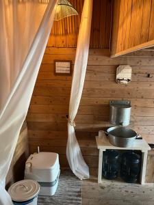 a bathroom with a toilet and a sink in a room at Laivu Māja in Alūksne