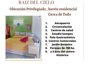 a poster of a bedroom with a bed and a list of criteria at RAIZ DEL CIELO, entre 2 jardines de ensueño in Cordoba