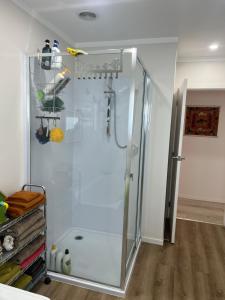 a shower with a glass door in a bathroom at Beauty at whitbourne in Otorohanga