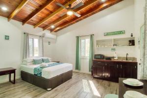 a large bedroom with a bed and a kitchen at DV 4 at DV Cabanas Gold Standard Certified in Caye Caulker