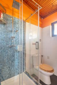 uma casa de banho com um WC e uma cabina de duche em vidro. em Boem Villa in Nafpliο em Néa Kíos