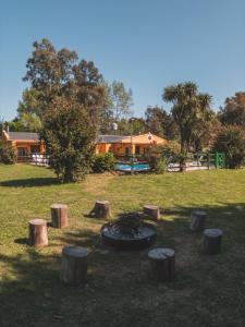 a fire pit in a field with trees and a house at Casa de Colores in Torres