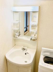 a bathroom with a sink and a mirror and a washing machine at Marvelous Kokubunji - Vacation STAY 80468v in Kokubunji