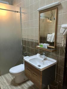 a bathroom with a sink and a toilet and a mirror at شموع المروج للوحدات الفندقية in Tabuk