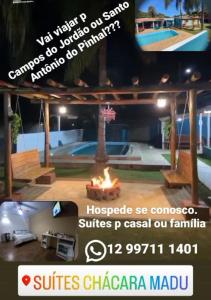 a flyer for a house with a fire in a yard at Suites Chacara Madu in Santo Antônio do Pinhal