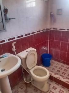 a bathroom with a toilet and a sink at Triple N Homestay Beachfront House in Lobo in Lobo