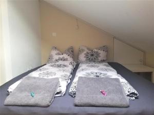 - un lit avec 2 oreillers et des serviettes dans l'établissement Schönes Studio direkt am Bodensee, à Altenrhein