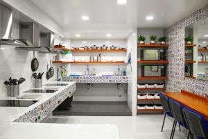 a large kitchen with a counter and a sink at La Casa Azul (Zona de Hospitales) in Mexico City