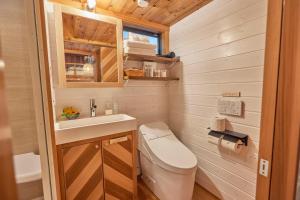een kleine badkamer met een toilet en een wastafel bij サウナバーベキュージャグジー完全貸し切りという贅沢大人の秘密基地#01 in Miyota