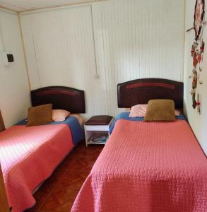 twee bedden naast elkaar in een kamer bij Cabañas Trabun Melipeuco in Melipeuco
