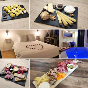 eine Collage mit Fotos vom Essen und ein Hotelzimmer in der Unterkunft Maison de ville, SPA Balnéo, 2 suites parentales in Vichy