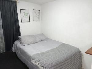 a bed in a bedroom with two pictures on the wall at Departamento Cerca del Aeropuerto/ Buena Ubicación in Mexico City
