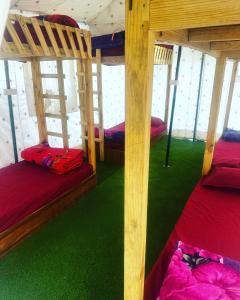 Bored Ape Jispa - Camp Site في Jispa: سريرين بطابقين في غرفة مع سجادة خضراء
