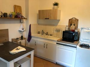 małą kuchnię ze zlewem i kuchenką mikrofalową w obiekcie Gîte « les rives de l’Ardèche » w mieście Ucel