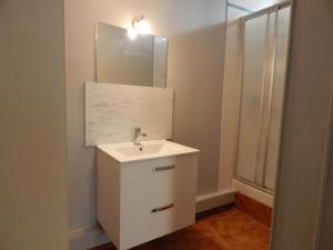 y baño con lavabo blanco y espejo. en SAINT MALO bel appartement plain pied 300 m gare prés plage du sillon Intramuros a pied, en Saint-Malo