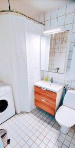 a bathroom with a sink and a toilet and a mirror at Very quiet and well located apartment in Tammela, Tampere in Tampere