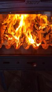 a fire in an oven with flames in it at Casa bunicilor din Oncești in Onceşti