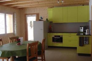 une cuisine avec des placards verts et une table avec des chaises dans l'établissement Rigi-Naturferien auf dem Bio-Bauernhof Oberebnet, à Vitznau