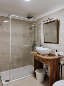 a bathroom with a sink and a shower at Traunsee Design Apartment for 2 People in Gmunden