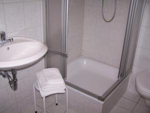 ein Bad mit einer Dusche, einem Waschbecken und einem WC in der Unterkunft Hotel Zum Alten Brauhaus in Kurort Oberwiesenthal