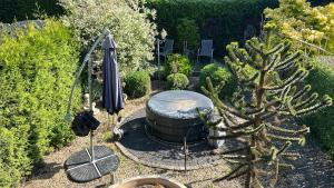 a garden with a table and an umbrella and a cactus at Casa di Lauza in Valkenburg