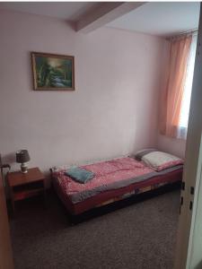 um pequeno quarto com uma cama e uma janela em Gościniec IBIS em Czarna Wieś