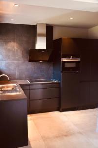 eine Küche mit schwarzen Schränken und einem Waschbecken in der Unterkunft La conciergerie in Namur