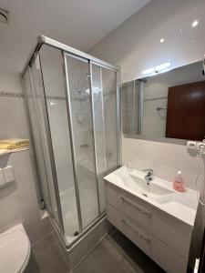 y baño con ducha, lavabo y aseo. en Hotel Restaurant Fischer en Remscheid