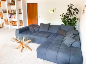 ein blaues Sofa im Wohnzimmer mit einem Tisch in der Unterkunft Haus Traun-Ufer in Bad Ischl