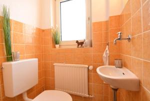 ein Bad mit einem WC, einem Waschbecken und einem Fenster in der Unterkunft CO02-HI Apartment in Coburg in Coburg