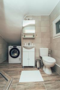 a bathroom with a toilet and a washing machine at Eptalofos Studio loft in Thessaloniki