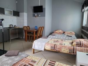 1 dormitorio con 2 camas y cocina con mesa en Sebar en Gorzyce