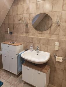 een badkamer met een wastafel en een spiegel bij Ferienwohnung Wiesenblick in Oberharmersbach