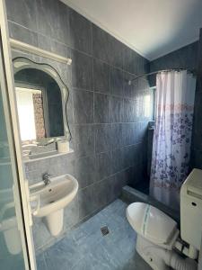 y baño con lavabo, aseo y espejo. en Vila Mirela, en Eforie Nord