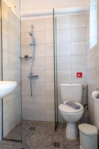 a bathroom with a toilet and a glass shower at Kumba At Koum Kapi in Chania Town