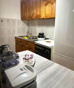 una cucina con un apparecchio bianco su un bancone di Lakeside apartment a Struga