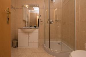 a bathroom with a shower and a sink and a toilet at 299 - Teljes panorámás közvetlen balatonparti exkluzív apartman in Balatonőszöd