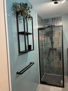 a bathroom with a shower with a glass door at Studio - Suite rénovée de Provins in Provins +7 photos