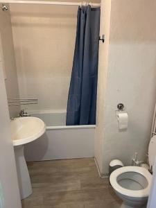 a bathroom with a toilet and a sink and a blue shower curtain at STUDIO AURON in Auron +8 photos