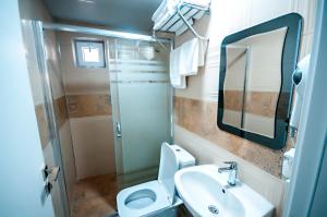 a bathroom with a sink and a toilet and a mirror at MiLAROOM in Edirne