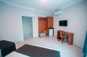 ein Wohnzimmer mit einem Sofa, einem Schreibtisch und einem TV in der Unterkunft MiLAROOM in Edirne