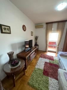 een woonkamer met een bank en een tv bij Bella Apartman in Podgorica