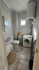 a bathroom with a toilet sink and a washing machine at Malina guest house in Bosteri