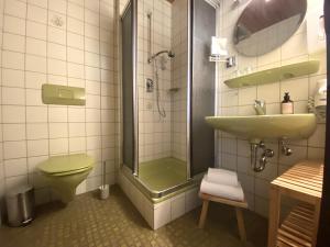 a bathroom with a sink and a shower and a toilet at Unsereins Hotel in Bad Steben