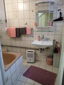 bagno con lavandino, vasca e specchio di Ferienwohnung Nayla im Frankenwald a Naila