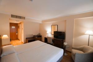 una camera d'albergo con letto bianco e TV di Aparto-Hotel Rosales a Madrid